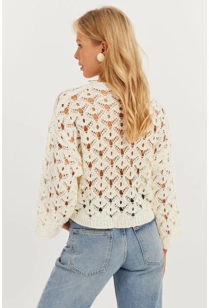 Kadın Ekru İspanyol Kol Ajurlu Triko Bluz MİW0761