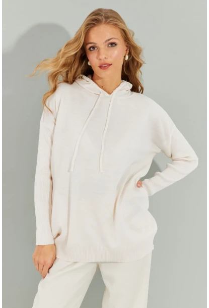 Kadın Ekru Kapüşonlu Cepli Triko Kazak YZ520