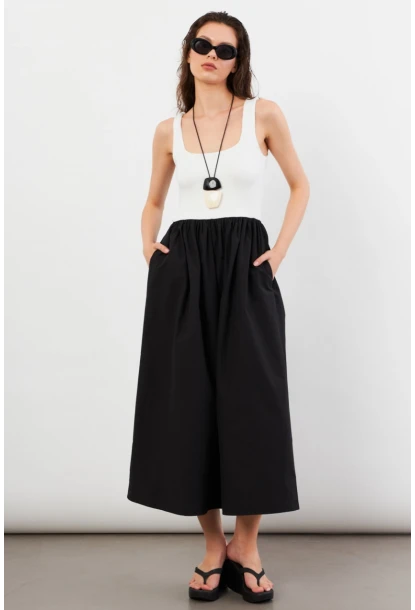 Kadın Ekru Kare Yaka Paraşüt Midi Elbise İRE1460