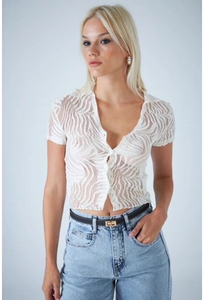 Kadın Ekru Kendinden Desenli Düğmeli Bluz EV115