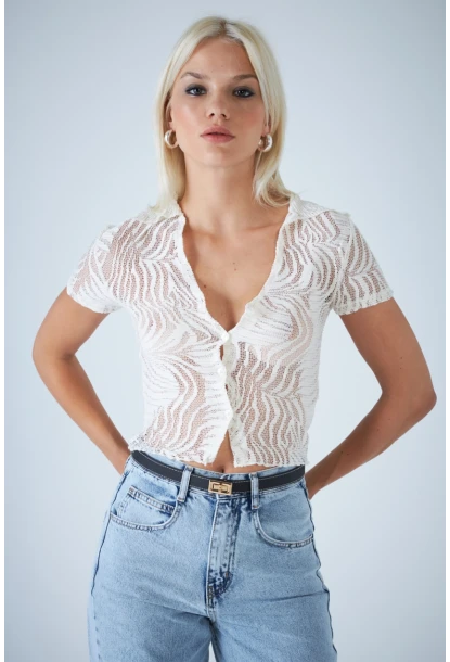 Kadın Ekru Kendinden Desenli Düğmeli Bluz EV115