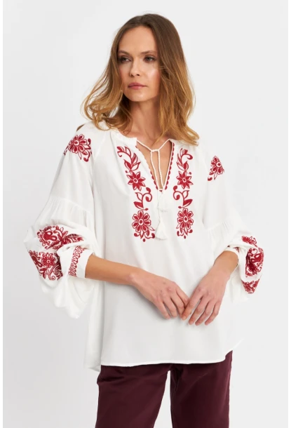 Kadın Ekru-Kiremit Nakışlı Bluz MQS5816