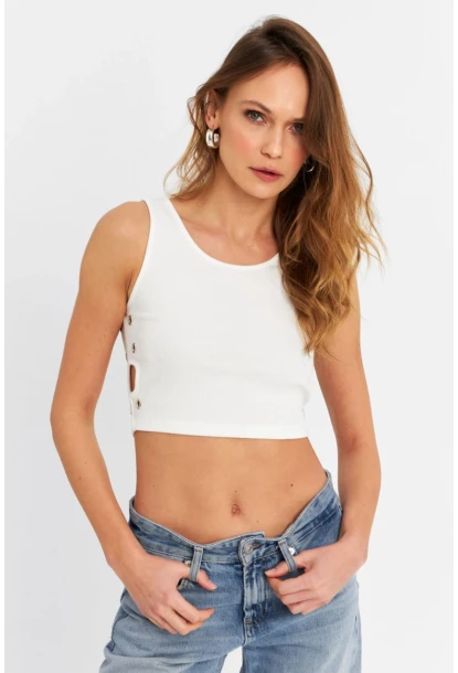 Kadın Ekru Küş Gözlü Crop Bluz ANT101