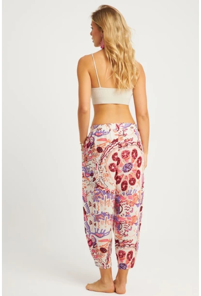 Kadın Ekru-Lila Desenli Keten Şalvar Pantolon K1253