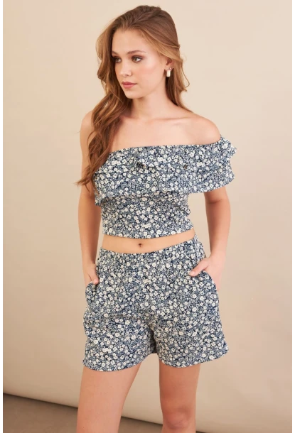 Kadın Ekru-Mavi Desenli Crop Şort Takım EV100