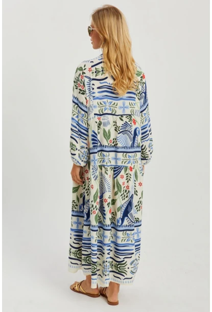 Kadın Ekru-Mavi Desenli Salaş Maxi Elbise GÇ166