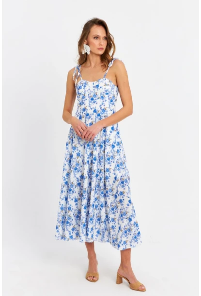Kadın Ekru-Mavi İp Askılı Çiçekli Midi Elbise ERL10013