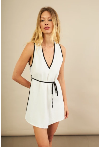 Kadın Ekru Mini Keten Elbise MSİ103