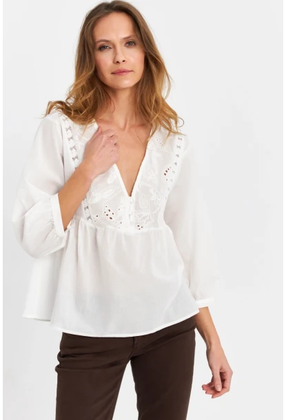 Kadın Ekru Nakış  Detaylı Bluz MQS5837