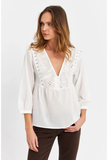 Kadın Ekru Nakış  Detaylı Bluz MQS5837