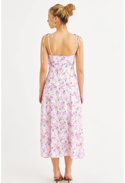 Kadın Ekru-Pembe İp Askılı Çiçekli Midi Elbise ERL10013