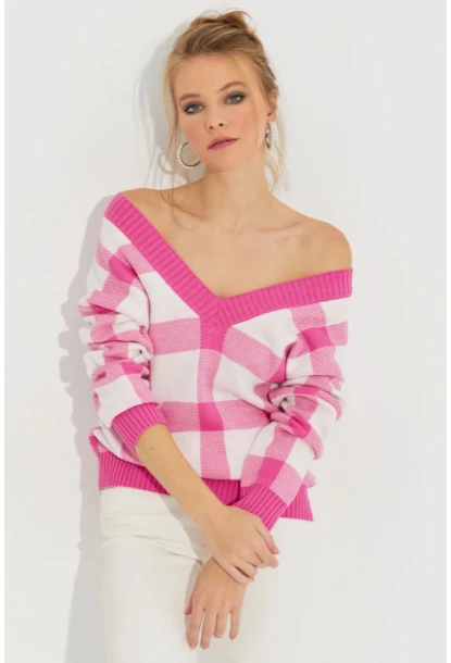 Kadın Ekru-Pembe V Yaka Ekose Triko Kazak TH1102