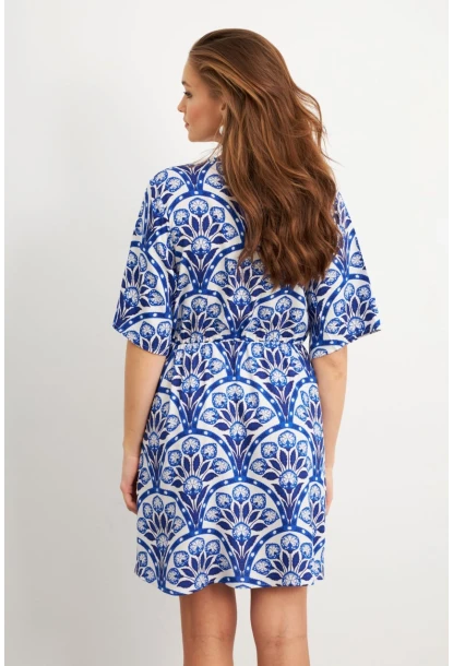 Kadın Ekru-Saks Desenli Mini Elbise Q1006