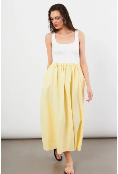 Kadın Ekru-Sarı Kare Yaka Paraşüt Midi Elbise İRE1460