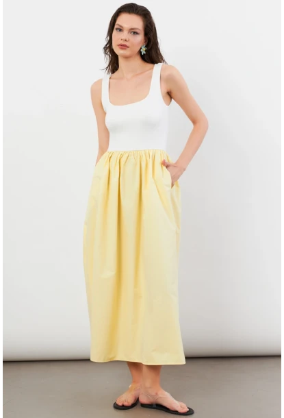 Kadın Ekru-Sarı Kare Yaka Paraşüt Midi Elbise İRE1460