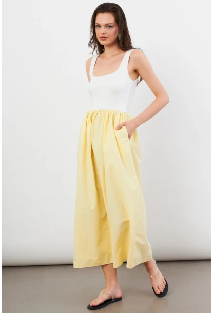 Kadın Ekru-Sarı Kare Yaka Paraşüt Midi Elbise İRE1460