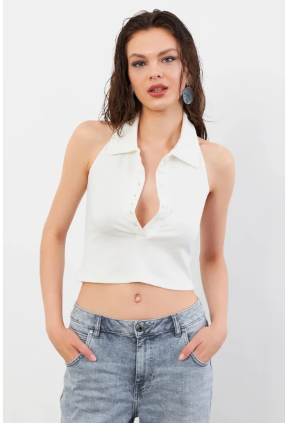 Kadın Ekru Sırtı Açık Düğmeli Bluz LPP1246-90