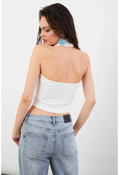 Kadın Ekru Sırtı Açık Düğmeli Bluz LPP1246-90