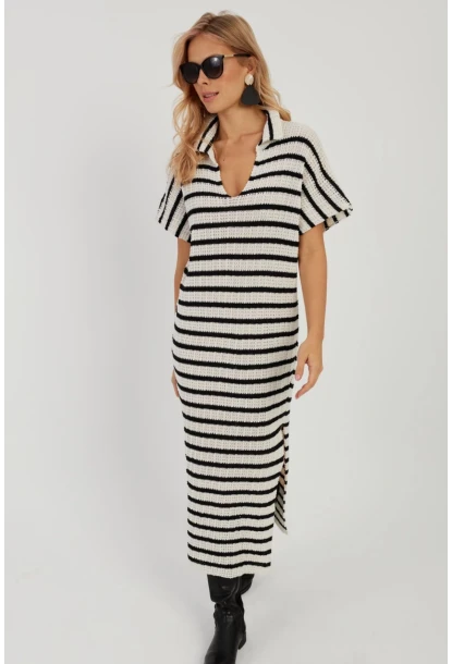Kadın Ekru-Siyah Ajurlu Triko Midi Elbise YZ622