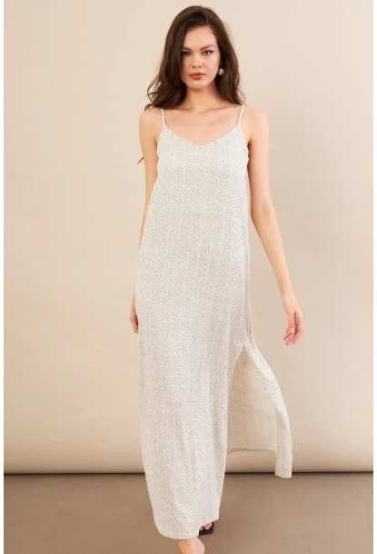 Kadın Ekru-Siyah Askılı Desenli Krinkıl Midi Elbise AYD413