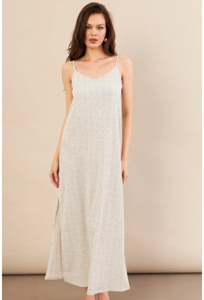 Kadın Ekru-Siyah Askılı Desenli Krinkıl Midi Elbise AYD413