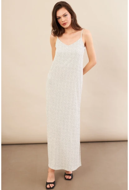 Kadın Ekru-Siyah Askılı Desenli Krinkıl Midi Elbise AYD413