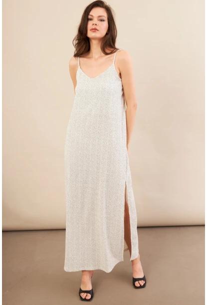 Kadın Ekru-Siyah Askılı Desenli Krinkıl Midi Elbise AYD413