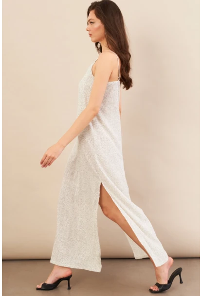 Kadın Ekru-Siyah Askılı Desenli Krinkıl Midi Elbise AYD413