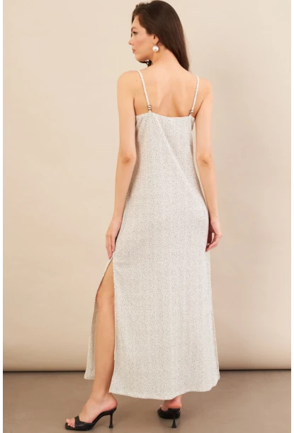 Kadın Ekru-Siyah Askılı Desenli Krinkıl Midi Elbise AYD413