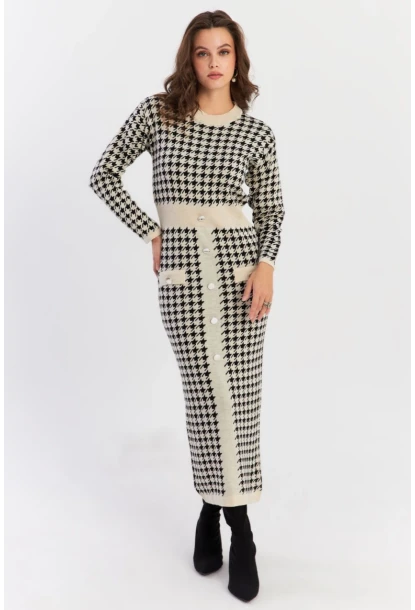 Kadın Ekru-Siyah Düğme Aksesuarlı Desenli Maxi Elbise NUV41