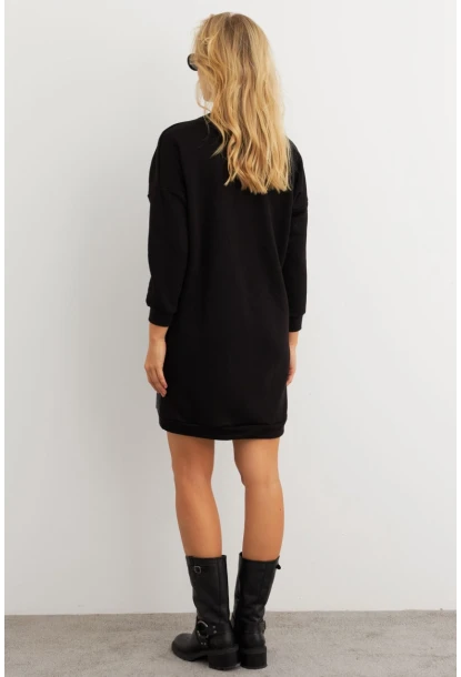 Kadın Ekru-Siyah Leopar Desenli Mini Sweat Elbise ST145