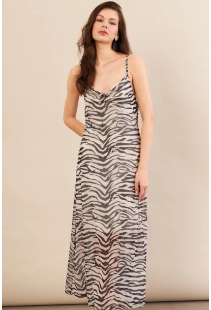 Kadın Ekru-Siyah Sırtı Açık Desenli Midi Tül Elbise İRE992