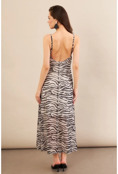 Kadın Ekru-Siyah Sırtı Açık Desenli Midi Tül Elbise İRE992