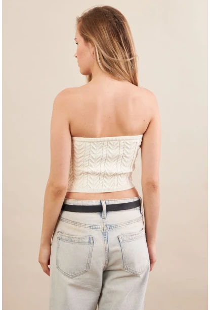 Kadın Ekru Straplez Triko Crop Bluz ZH049