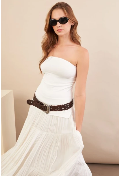 Kadın Ekru Straplez Yanı Yırtmaçlı Bluz MX2006