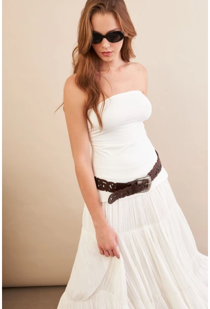 Kadın Ekru Straplez Yanı Yırtmaçlı Bluz MX2006