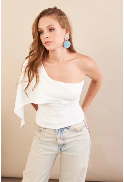 Kadın Ekru Tek Omuz Bluz AN6015