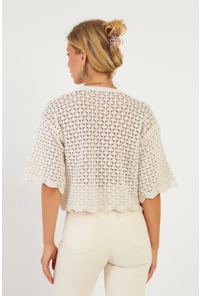 Kadın Ekru Triko Ajurlu Hırka YV255