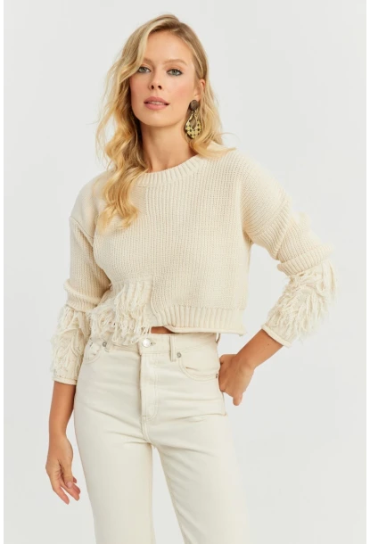 Kadın Ekru Triko Kısa Kazak YZ526