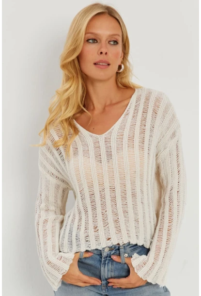 Kadın Ekru V Yaka Ajurlu Triko Bluz YV233