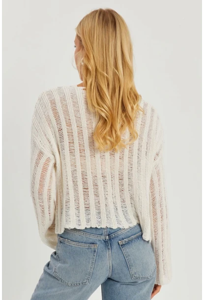 Kadın Ekru V Yaka Ajurlu Triko Bluz YV233