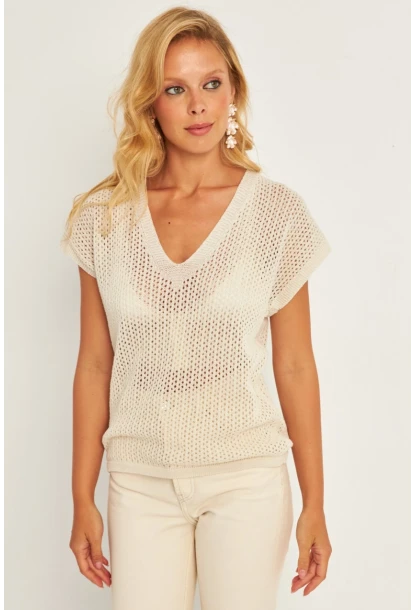 Kadın Ekru V Yaka Fileli Bluz SMT230
