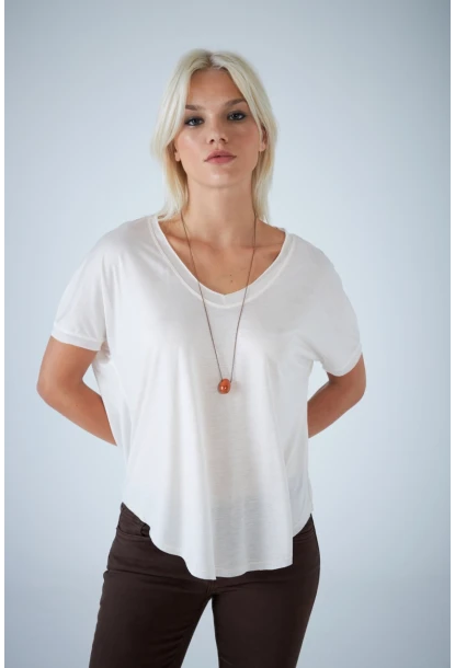 Kadın Ekru V Yaka Rahat T-Shirt LPP1310
