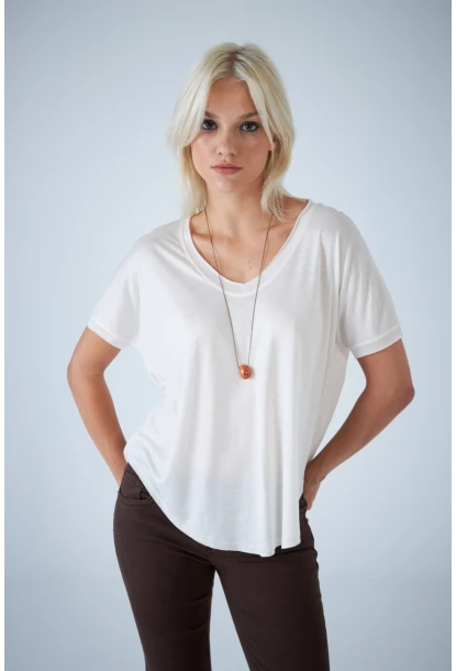 Kadın Ekru V Yaka Rahat T-Shirt LPP1310