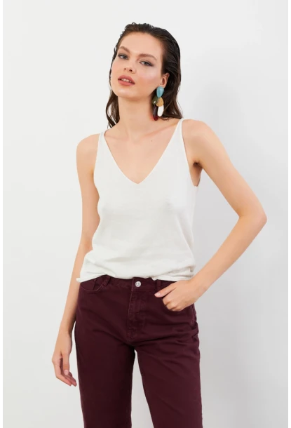 Kadın Ekru V Yaka Triko Bluz KZ546