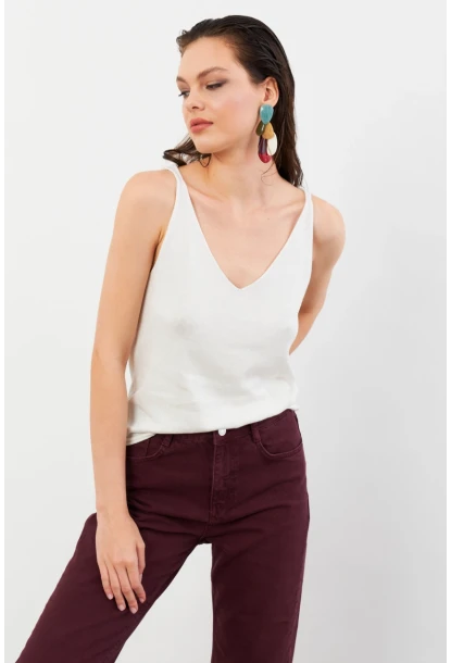 Kadın Ekru V Yaka Triko Bluz KZ546