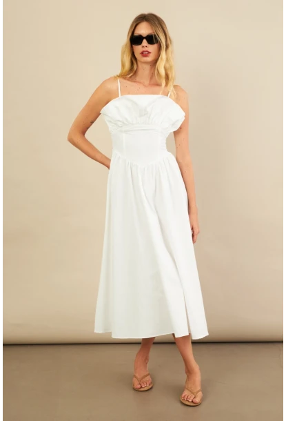 Kadın Ekru Volanlı Midi Elbise MİL4856