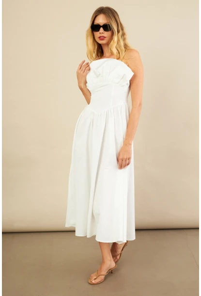 Kadın Ekru Volanlı Midi Elbise MİL4856
