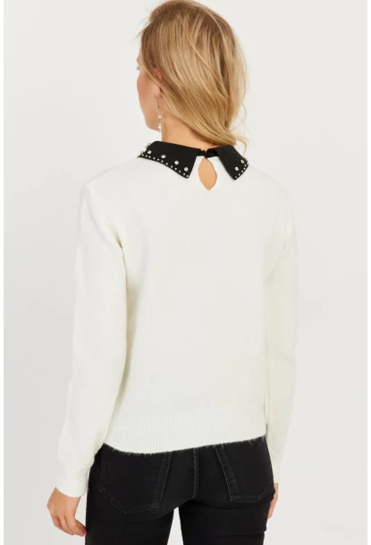 Kadın Ekru Yakası Taşlı Triko Kazak KED1213