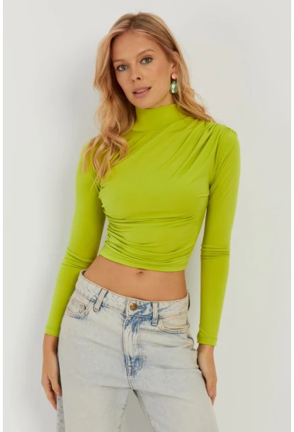 Kadın Fıstık Yeşil Büzgülü Kısa Bluz MEN2023-90
